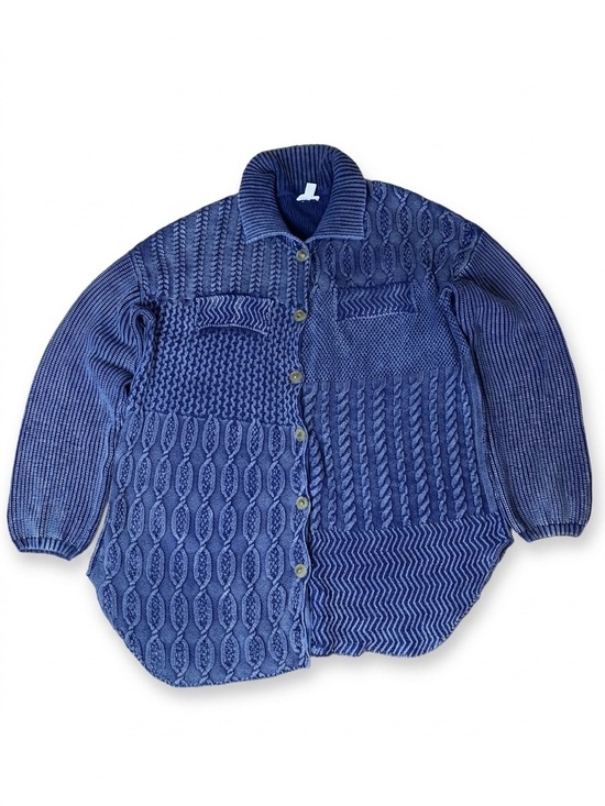 Tribal Tops - Tribal Jeans Blue Cable Knit Patchwork Button Up Sweater Jacket Shacket XL